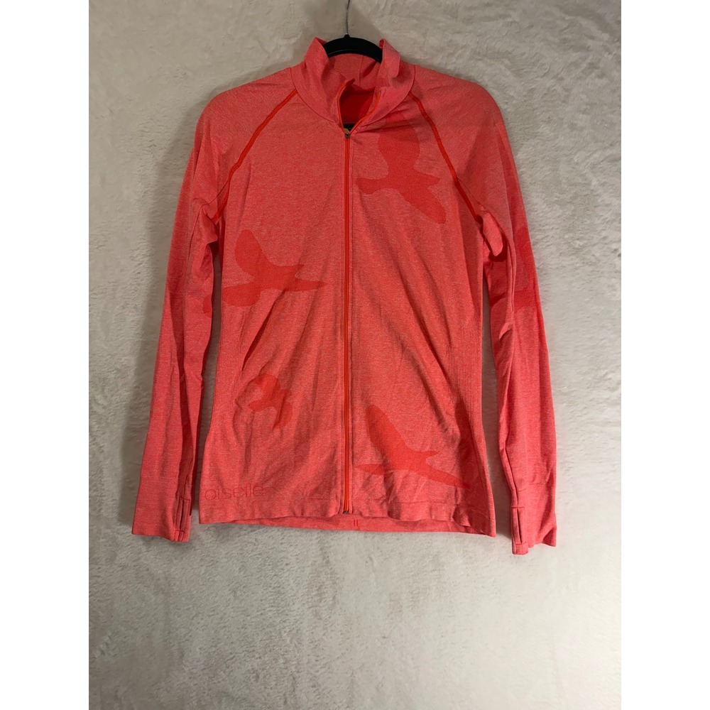 Oiselle Flyout Seamless Full Zip Jacket Coral Orange Bird Jacquard Mens M